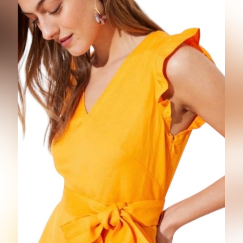NWT The Loft bright linen midi dress size 6 w/ ruffle sleeves and an open back.